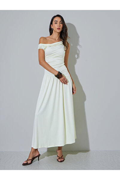 Styli Cream Gathered One Sleeve A-Line Maxi Dress