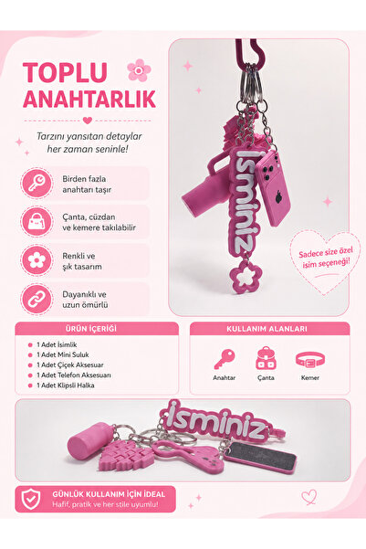 Tovo Craft Kişiye Özel İsimli Toplu Anahtarlık Seti Mini Suluk Telefon ve Çiç...