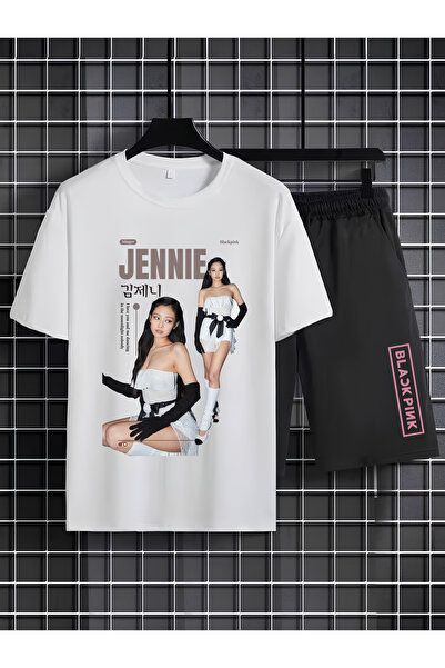 MAGORS طقم تي شيرت وشورت قصير الأكمام من القطن المطبوع من JISOO من BLACKPINK ...