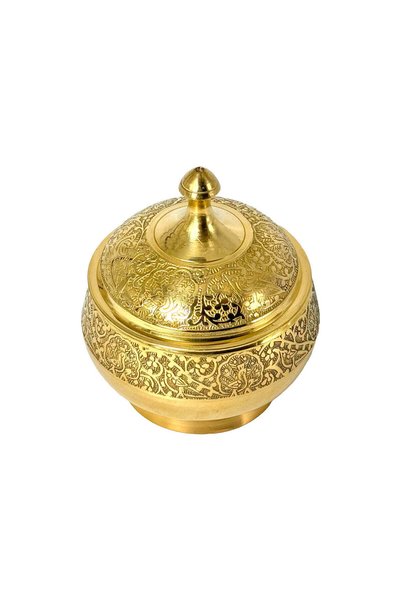 Al Athar Arts Brass Emboss Round Shape Sugar Bowl With Gold Finish(diameter 4.5''x height 5.25''x weight0.550gram)