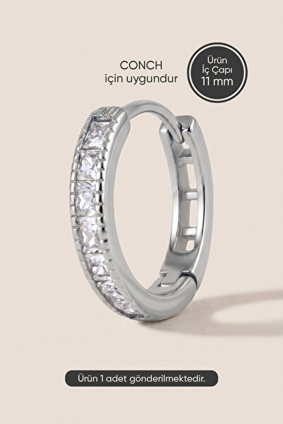 Hetra Gümüş Renkli Cerrahi Çelik Kare Zirkon Taşlı Conch Halka Piercing - Kık...