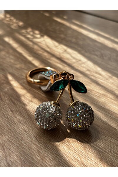 MODA White Cherry Keychain Bag Ornament Charm with Stones Crystal Shiny Women...