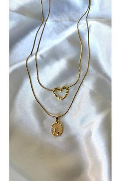 Eylülün Takısı Women's Gold Color 2-Piece Heart Pearlized Rose Figured Steel ...