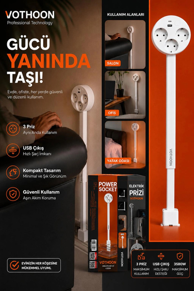 Vothoon Teleskopik Çoklu Priz, 3’lü Topraklı + USB-C & USB-A, Yükseklik Ayarl...