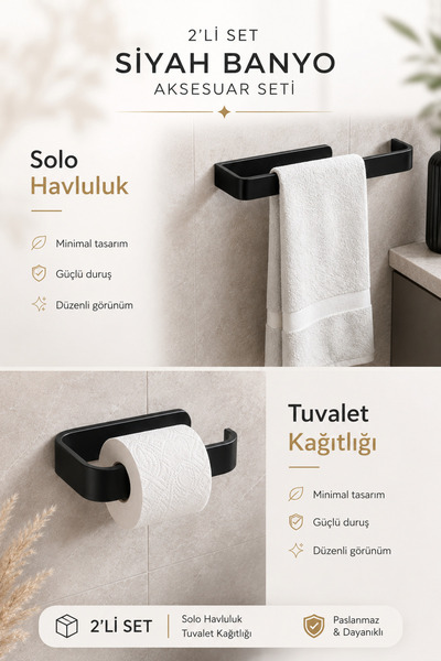 Alper Banyo Siyah Lamalı 2'li Banyo Seti, Lamalı Solo Havlu Kağıdı Askısı, Lamalı Tuvalet Kağıdı Askısı, Hem Yapışkanlı Hem Montajlı Ürün