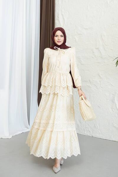 Nes Moda Kadın Katmanlı Büzgü Detaylı Fisto Brode Dantel Etek Gömlek Takım Te...