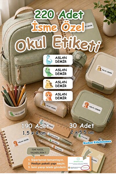 Grafikup 220 Adet İsme Özel Dinozor Okul Etiketi - Kalem Defter Suluk Özel Ke...