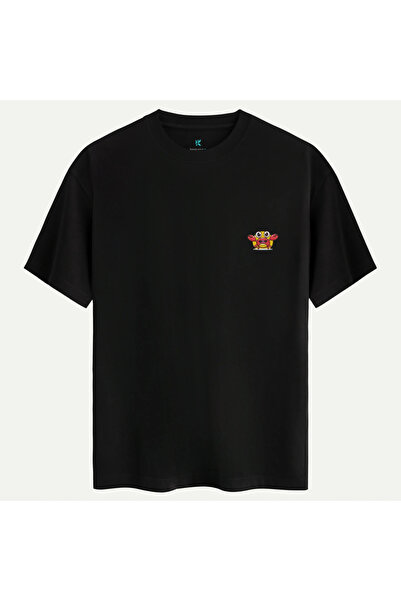 Oversize %100 Pamuk Unisex Happy Crab Baskılı Tişört - Siyah