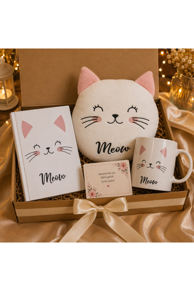 Minik Esnaf Kedi Temalı Hediye Seti – Meow Defter, Peluş Kedi Yastık, Kupa Ba...