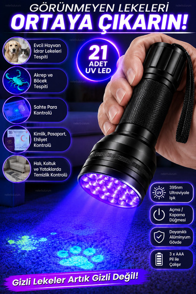 nelerbulurum 21 LED 395nm UV Mor Işık Ultraviyole Metal El Feneri – Akrep, Ev...
