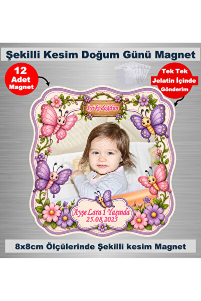Elara Tasarım Kelebek Temalı 12 Adet Fotoğraflı Kişiye özel Doğum Günü Magnet...