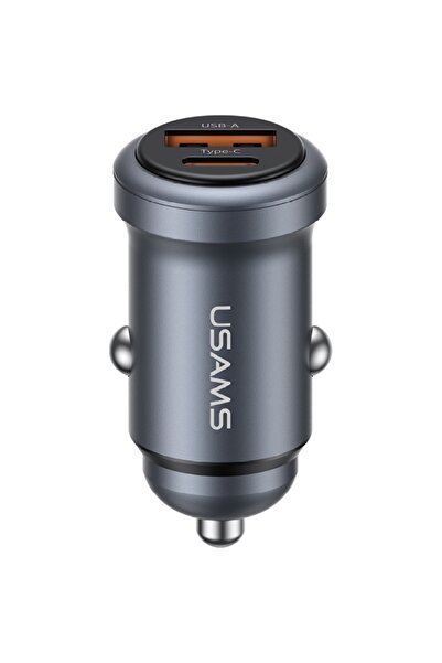 Usams CC322 Încărcător auto 30W USB-A USB-C cu două porturi, Gri