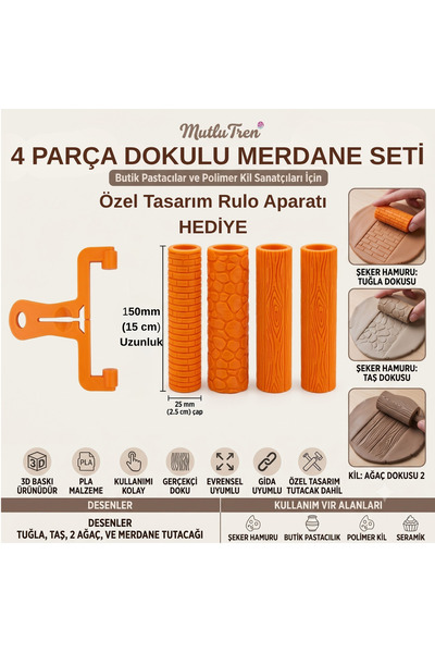 Genel Markalar 15 cm 4'lü Set Tuğla, Taş ve 2 Farklı Ahşap Desenli Doku Rulos...