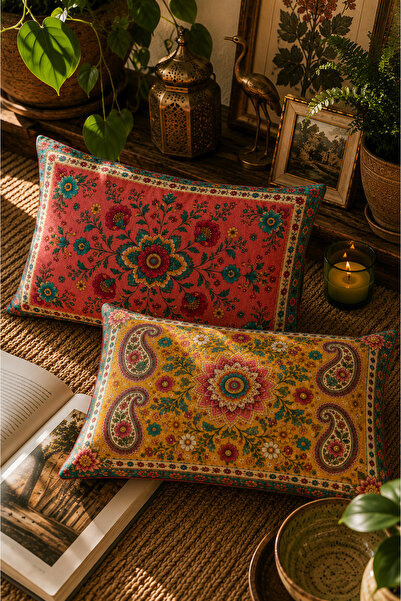 SasoHome Boho Floral Mandala Desenli 2'li Dekoratif Dikdörtgen Kırlent Kılıfı...