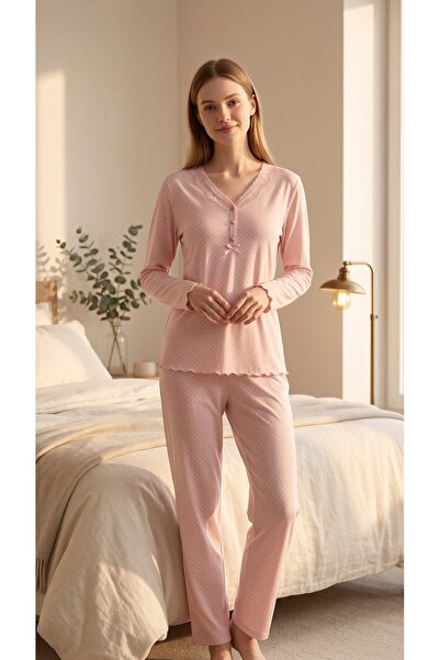 Etoile Bamboo Fabric Long Sleeve Ruffle and Bow Detailed Polka Dot Pajama Set...
