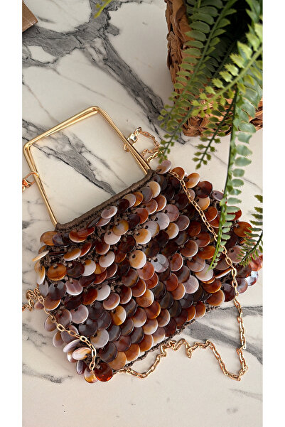 WOMANBAG Handmade Brown Front and Back Acrylic Flake Beaded Handbag (25X20Cm)