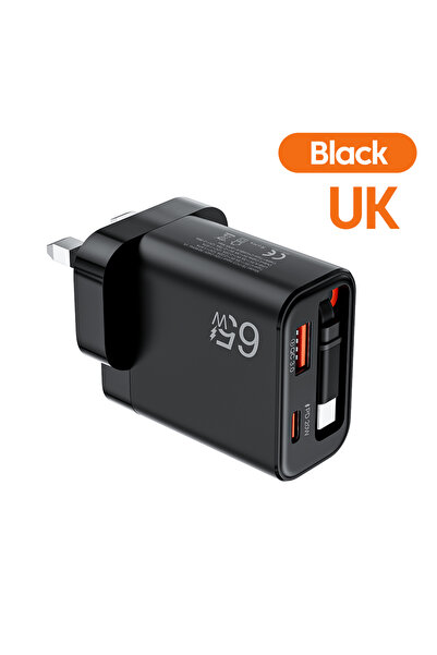 Choice5 black uk 65W Super Fast Charge USB Phone Charger With Retractable Sup...