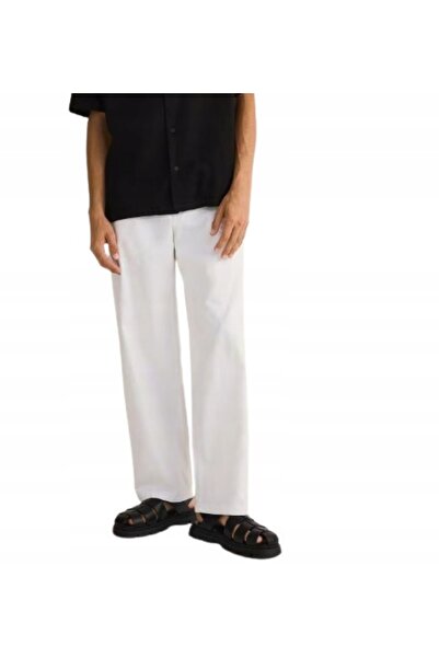 NO BRAND Pantaloni lungi din bumbac alb, croială lejeră, cu amestec de in, mă...