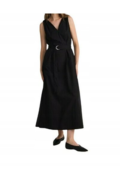 NO BRAND Rochie maxi neagră din bumbac, cu curea, clasică, netedă, decentă, XS