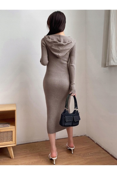 NO BRAND Rochie midi tricotată, bej, cu dungi, cu mânecă lungă, cu glugă și f...