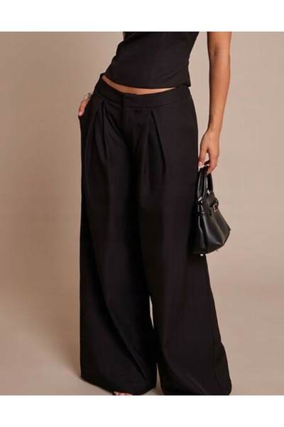NO BRAND Pantaloni negri cu croială dreaptă, picior larg, talie joasă, Pretty...