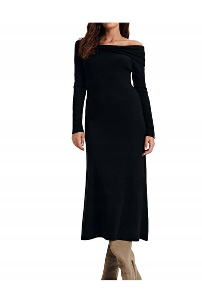 NO BRAND Rochie midi neagră cu dungi, cu mânecă lungă, cu umerii goi, Reserve L