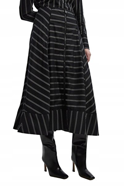 NO BRAND Fustă trapez neagră Midaxi cu model dungi albe, fermoar, Karen Mille...