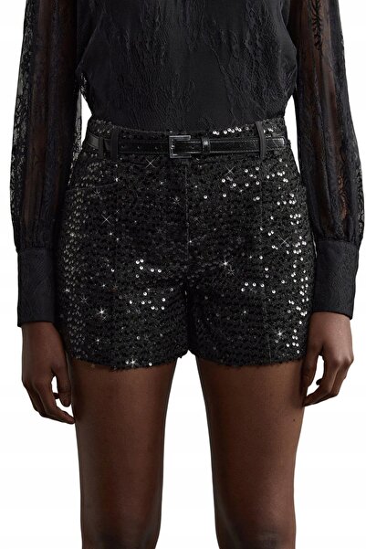 NO BRAND Pantaloni scurți negri, cambrati, cu curea cu paiete, KAREN MILLEN 36
