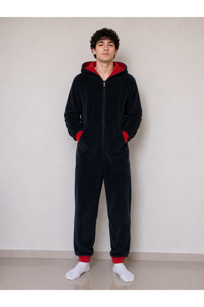 YHD Kışlık Antrasit Kapüşonlu Polar Peluş Tulum, Pijama Takımı