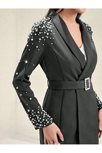 NO BRAND Blazer gri cu mâneci lungi, curea cu perle, elegant, Shein 44