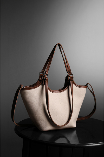 Rimense Women's Linen Tan Faux Leather Hand and Shoulder Bag