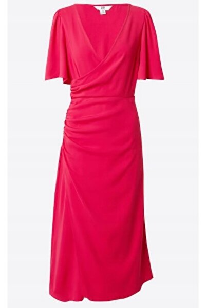 NO BRAND Rochie midi roz, cu mâneci scurte, decolteu petrecut, detaliu încreț...