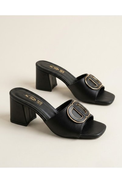 Enes Ayakkabıcılık Women's Thick Heeled Buckle Detailed Casual Stylish Summer Heeled Slippers