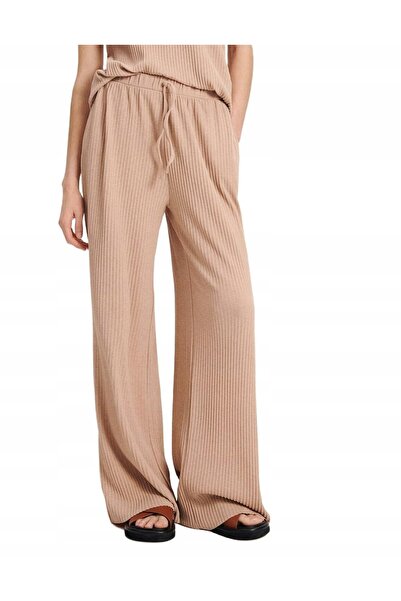 NO BRAND Pantaloni din stofă bej, cu nervuri, cu picior lung, cu închidere cu...