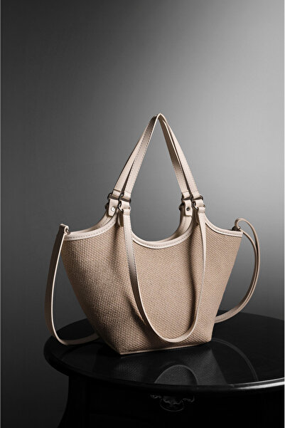 Rimense Women's Straw Cream Faux Leather Hand and Shoulder Bag