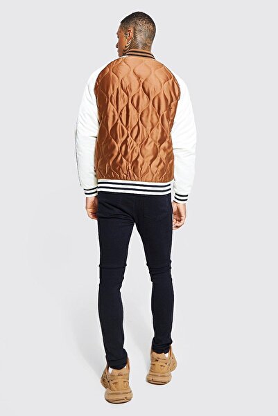 NO BRAND Geacă bomber maro matlasată, căptușită, cu patch brodat cu litere, B...