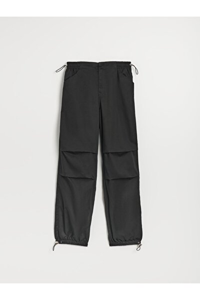 NO BRAND Pantaloni jogger negri, din bumbac neted, cu talie elastică și șnur,...