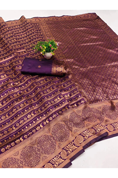 MYSMAR Purple & Gold Banarasi Silk Blend Saree - FFT5120 | Purple & Gold