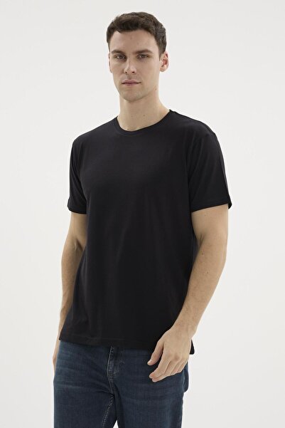 KLY Men's Short Sleeve Crew Neck Basic Modal Navy Blue T-Shirt C1T2N5