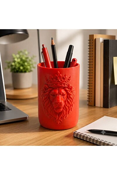 Basart Aslan Figürlü 3D Baskı Kalemlik Masaüstü Kalem Organizeri Dekoratif Ka...