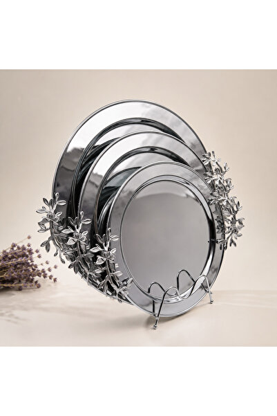 Alakhmas Heidi's Set of 3 Round Serving Dishes in Silver with Leaf-Decorated ...