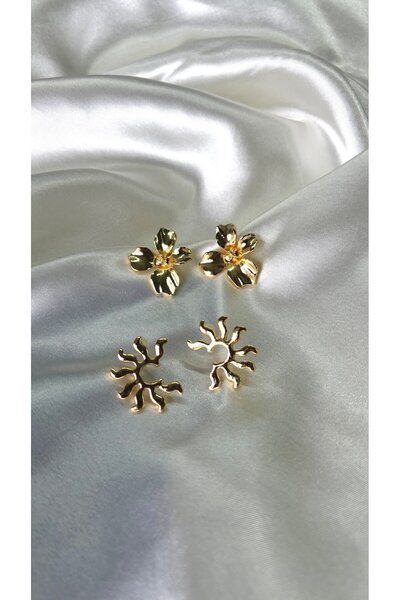 Eylülün Takısı Women's Gold Color 2-Piece Floral and Sun Model Earring Set
