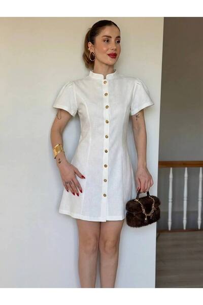 BNGL Boutique Full Button Closure Mini Dress in White Color with Gold Buttons