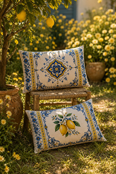 SasoHome Set de 2 huse de pernă decorative dreptunghiulare cu model de lămâie...
