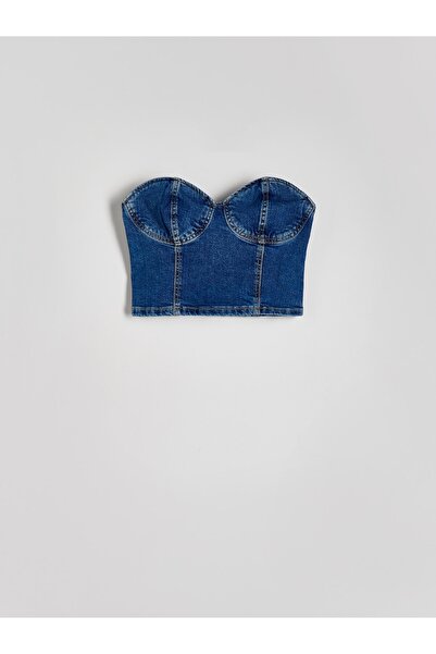 NO BRAND Top corset din bumbac albastru închis, scurt, tip crop, cu umerii go...