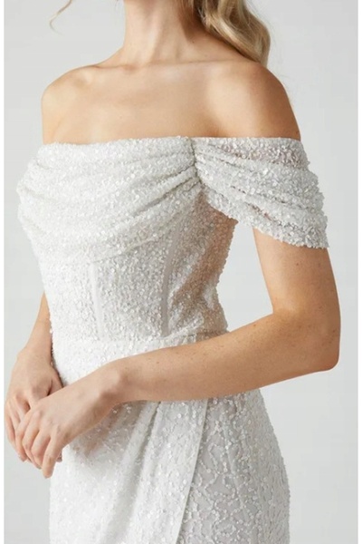 NO BRAND Rochie de mireasă clasică albă, cu decolteu asimetric, simplă, Coast 40