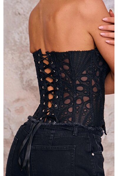 NO BRAND Corset negru ajurat cu șireturi din plasă Prettylittlething 34