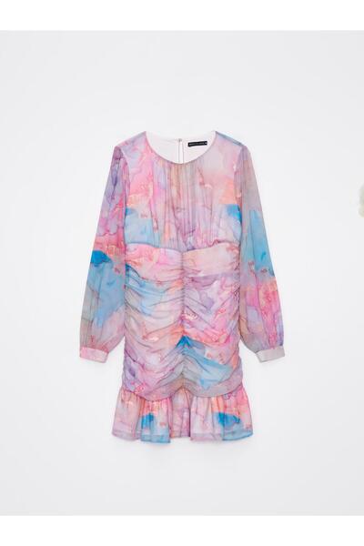 NO BRAND Rochie mini personalizată tie-dye, cu mâneci lungi, drapată, multico...