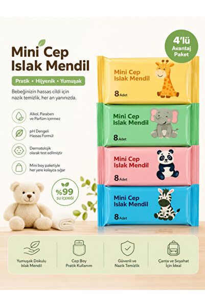 BLUE SİDE Mini Cep Islak Mendil 1 Paket x 8 Adet – Cep Boy Seyahat Tipi Prati...