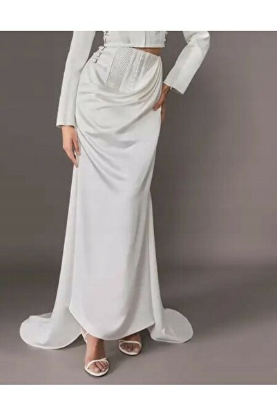 NO BRAND Fustă maxi din satin fildeș, drapată, cu dungi, Karen Millen 40